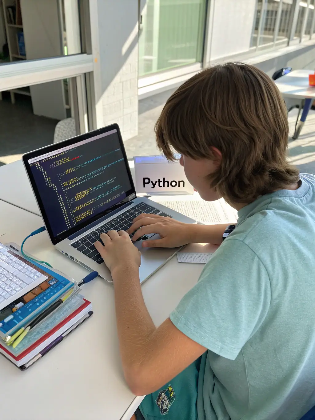 A focused teenager coding a Python game, with lines of code visible on the screen and a determined expression on their face.