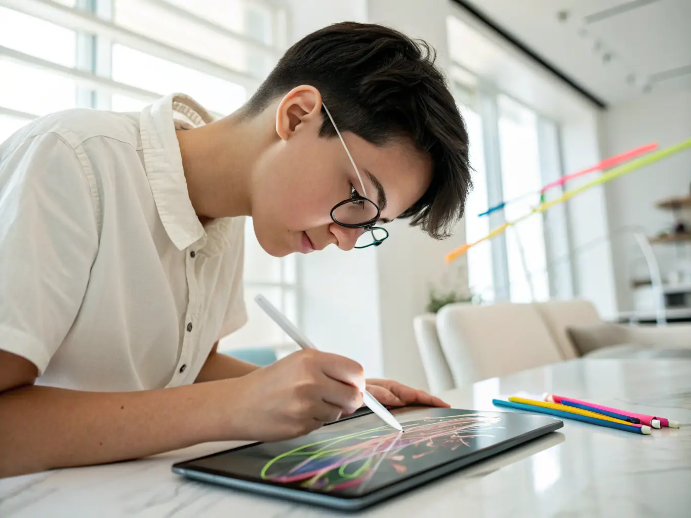 A cartoon image of a child designing a video game with colorful graphics.