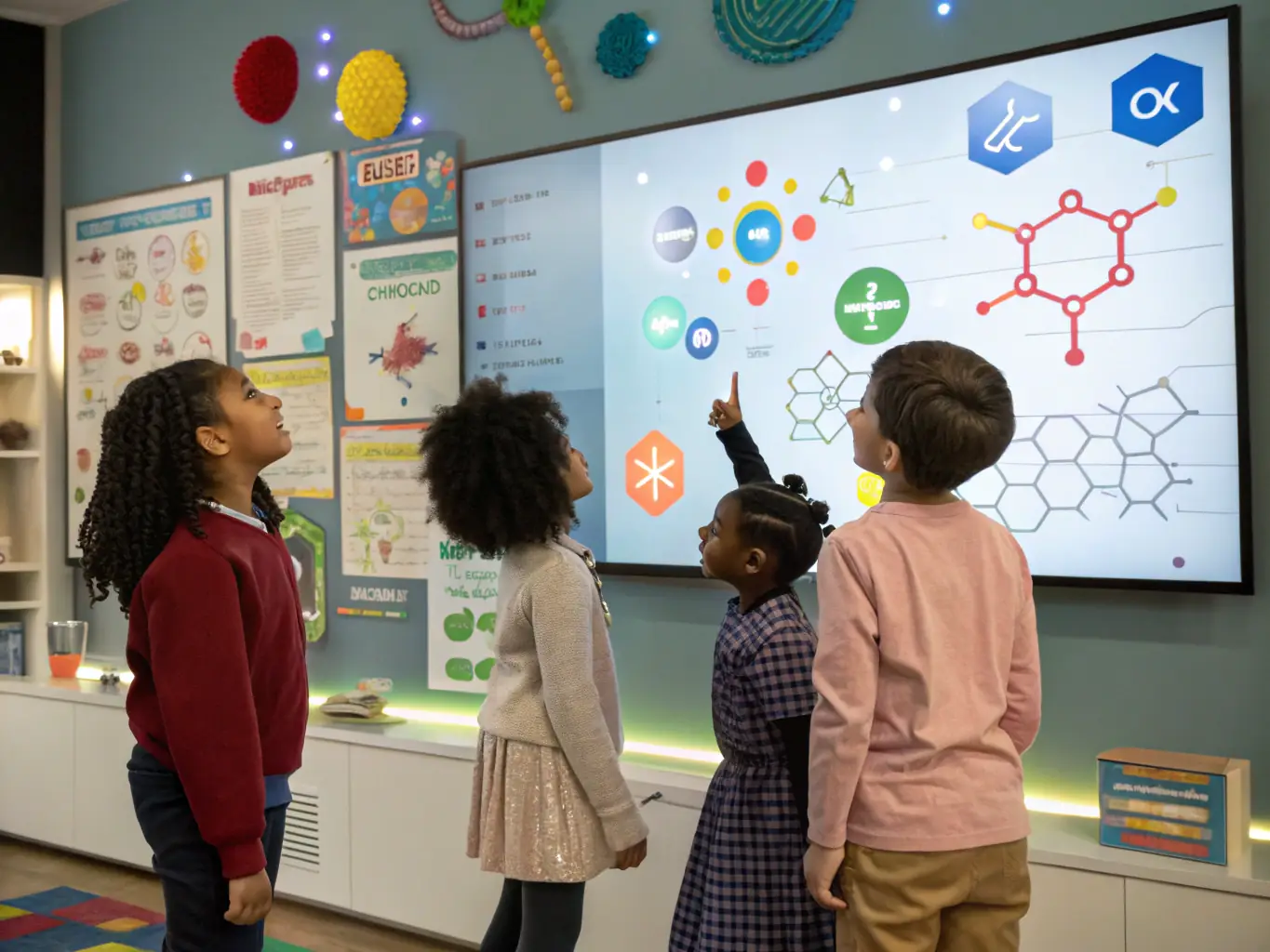 A cartoon image of a group of children building a robot together.