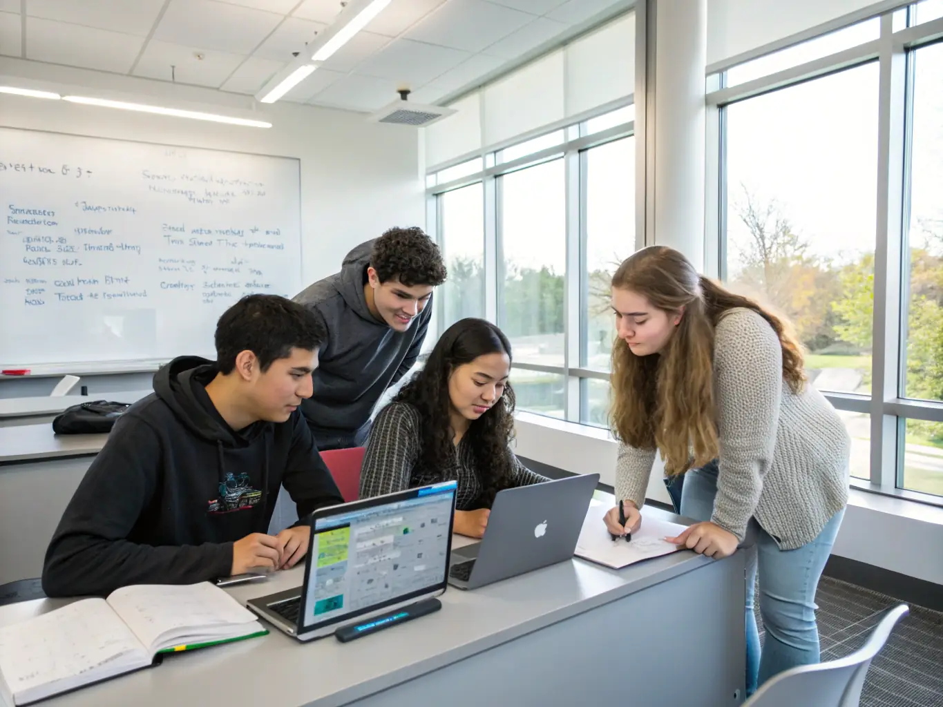 A group of young students collaboratively working on a coding project on laptops in a brightly lit classroom, showcasing teamwork and engagement.