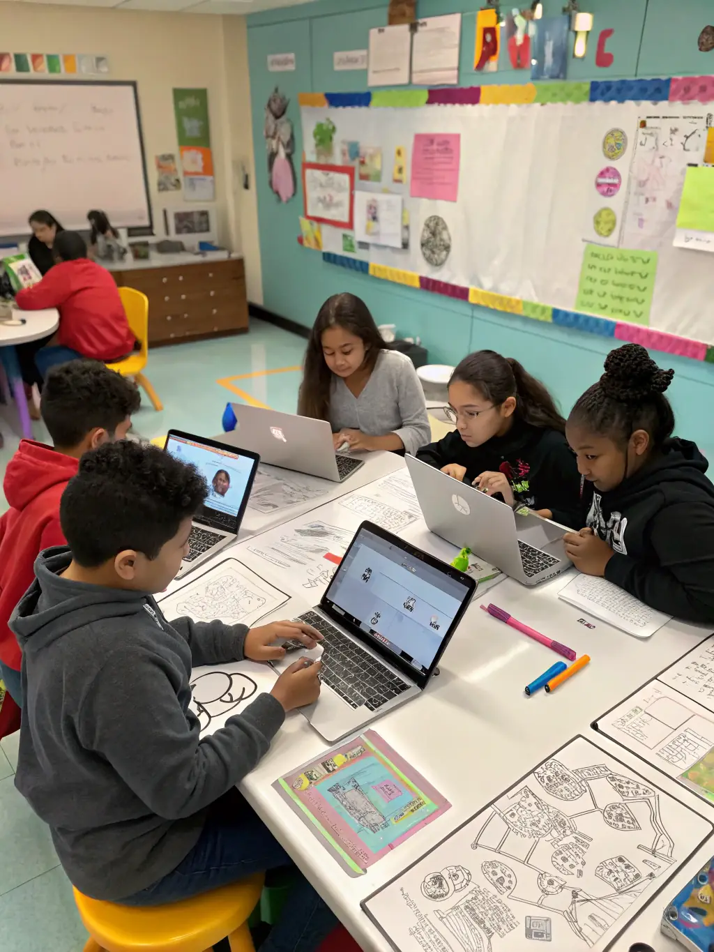 A group of kids collaborating on a Minecraft modding project, showcasing teamwork and creativity in a digital environment.