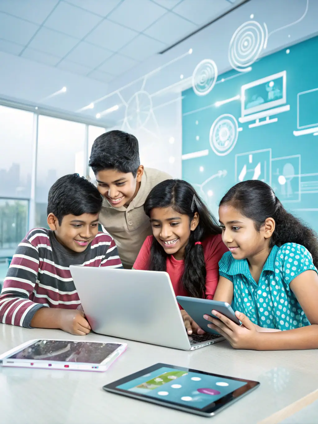 A vibrant image of children enthusiastically participating in a Scratch programming class, working on colorful, animated projects on their laptops.